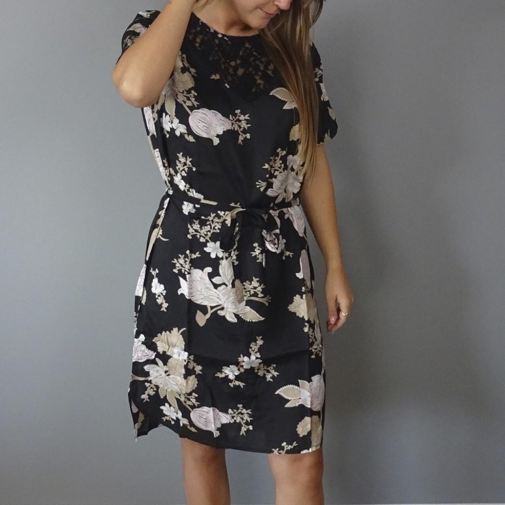 Kaffe  India Kajilli black floral mini dress lace illusion v neck EU 40